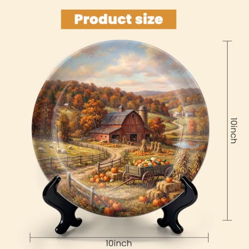 10-Inch Autumn Countryside Ceramic Plate with Stand & Wall Hook - Red Barn & Pumpkins Decor - Variation 3