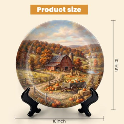 10-Inch Autumn Countryside Ceramic Plate with Stand & Wall Hook - Red Barn & Pumpkins Decor - Variation 3