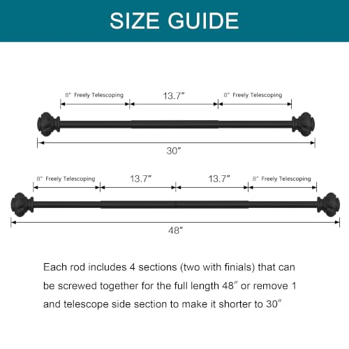 Turquoize 2-Pack Adjustable Curtain Rod Set for Single Windows - Matte Black, 30-48 Inches with Finials