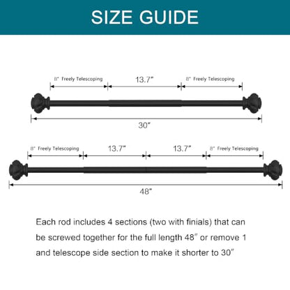 Turquoize 2-Pack Adjustable Curtain Rod Set for Single Windows - Matte Black, 30-48 Inches with Finials