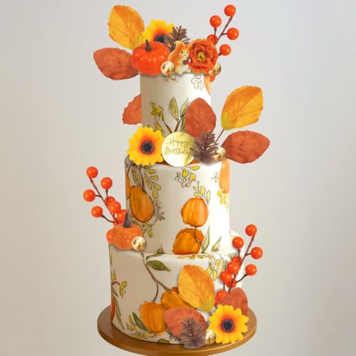 Fall Cake Topper Set with Autumn Flowers and Decorations - 26 Pieces