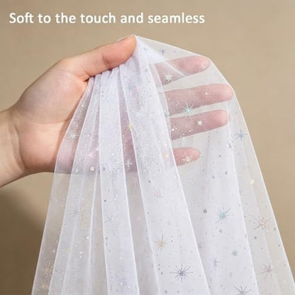 Kids Sheer Canopy Bed Curtains - Sparkly Star Tulle for House, Bunk & Toddler Bed, White, 59x197 Inches