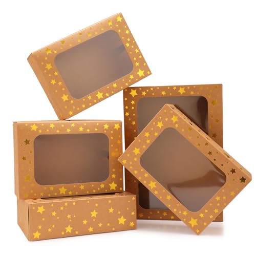 Christmas Brown Holiday Cookie Boxes with Gold Star & Viewing Window - 24 Pack, 9x6x3 Inches