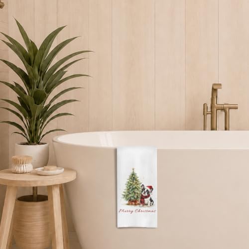 Christmas Tree French Bulldog Kitchen Dish Towels 16x24 Inch - Festive Decor