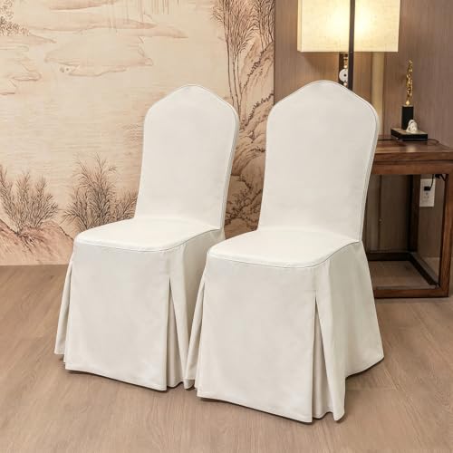 Beige Linen Banquet Chair Cover Full Wrap Slipcover with Pleated Skirt