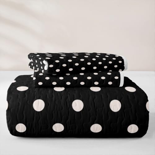 King Size Black White Polka Dot Quilt Set 3 Pieces Bedding with Pillowcases - Retro Geometric All Season Comfort