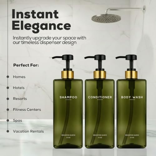Green Refillable Shampoo and Conditioner Dispenser Set - 16oz Bathroom Bottles with Pump - Eco-Friendly Shower Organizer - Brighter Barns