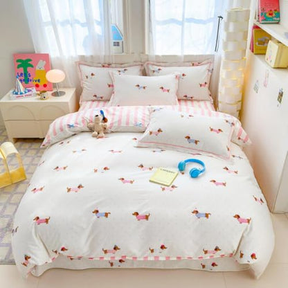 Queen Comforter Set Pink Dachshund Striped Bedding for Girls - Reversible US