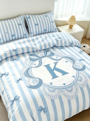 Blue Full Size 3-Piece Bedding Set for Kids with Striped Bow and Initial Letter K - Variation of Blue-K / Full
