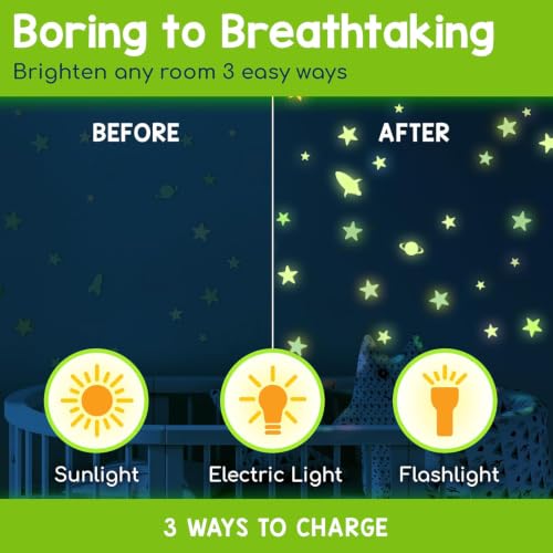 BUNMO Glow in the Dark Ceiling Stars Set - Green 280 pcs Night Sky Decor