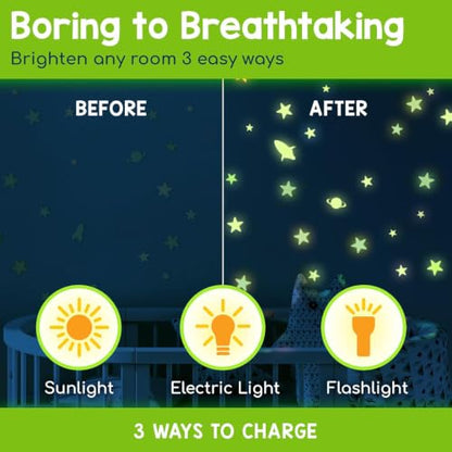 BUNMO Glow in the Dark Ceiling Stars Set - Green 280 pcs Night Sky Decor