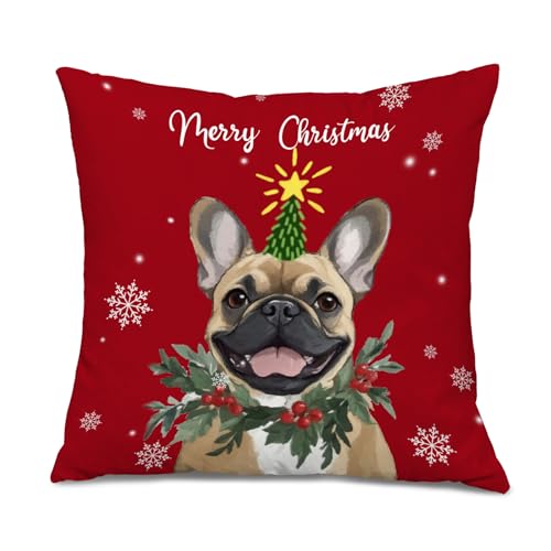 Frenchie Dog Christmas Throw Pillow Cover 18x18 - Red Xmas Snowflake Decor - Color 12