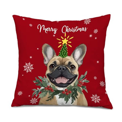 Frenchie Dog Christmas Throw Pillow Cover 18x18 - Red Xmas Snowflake Decor - Color 12