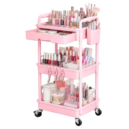 Pink 3-Tier Rolling Makeup Organizer with Removable Drawer and Wheels