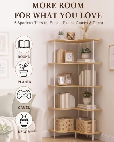 5-Tier Corner Shelf Adjustable Tall Corner Shelves Natural Beige - Golener