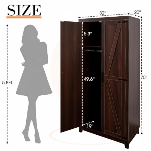Tall Wooden Wardrobe Closet with Doors, Espresso Finish - 70"