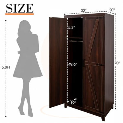 Tall Wooden Wardrobe Closet with Doors, Espresso Finish - 70"
