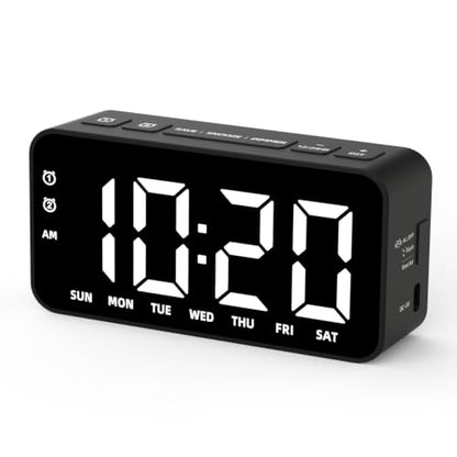 Black Rechargeable Alarm Clock with Dual Alarm & Memory Function for Bedroom & Living Room — Kids & Adults