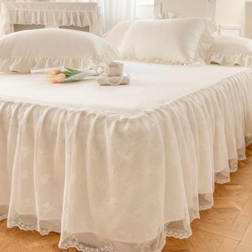 Cream White Ruffle Lace Bed Skirt for California King Bed - 17in Drop