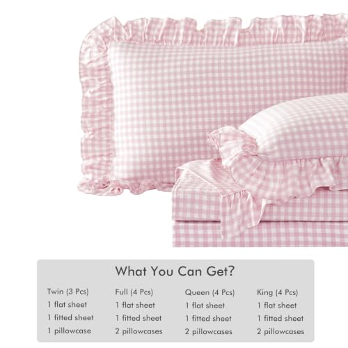 Pink Gingham Ruffle Sheet Set for Girls, Full Size - 4 Pieces Variation of Pink Gingham / Full