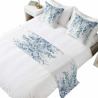 83 x 20 Inch Blue Eucalyptus Bed Runner Set with 2 Pillow Covers - Queen Size