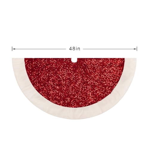 Christmas Tree Skirt 48 Inch Red Sequin with White Faux Fur - Holiday Decor