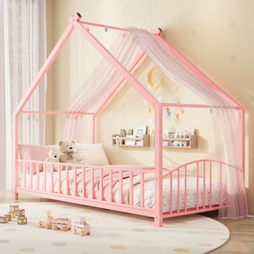 Twin Size House Shape Bed Frame with Guardrail - Pink, Low Profile, Sturdy Metal Design