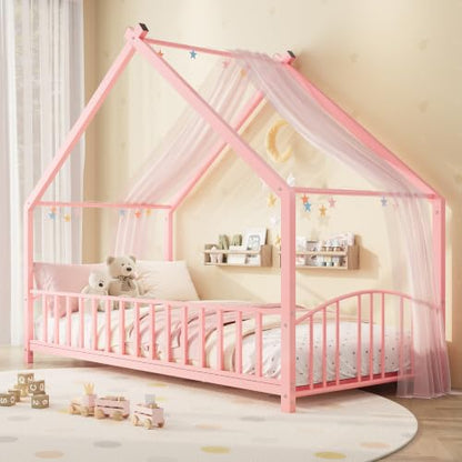 Twin Size House Shape Bed Frame with Guardrail - Pink, Low Profile, Sturdy Metal Design