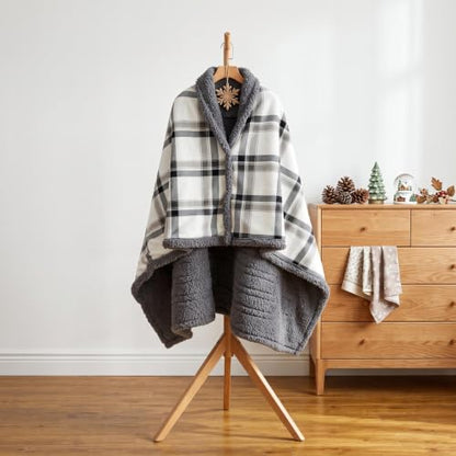Garvee Electric Wearable Blanket 45x60 Flannel Sherpa Poncho - Dark White Plaid + Gray