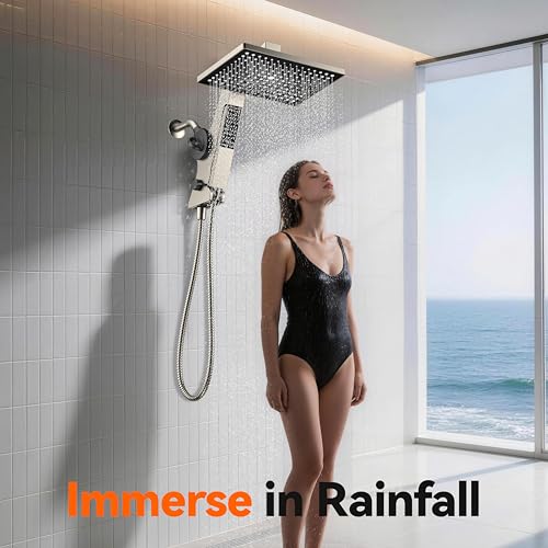 MakeFit Filtered Rain Shower Head with Handheld Combo - Nickel Brushed, High Pressure, 12-Inch Dual Showerheads & Hidden Detachable Wand for Hard Water