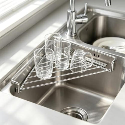 1PCS Stainless Steel Corner Sink Shelf with Wire Rack - Space-Saving Kitchen Organizer
