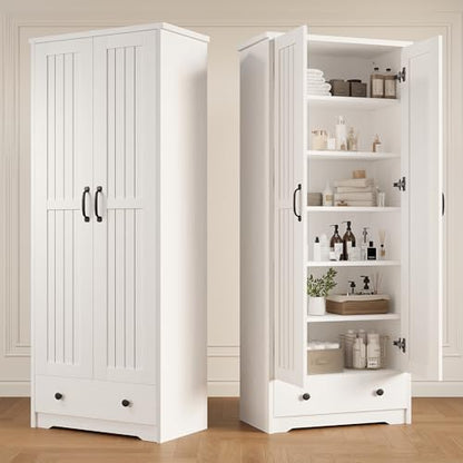 Tall White Storage Cabinet with Adjustable Shelves - 70 Inch Kitchen & Home Pantry