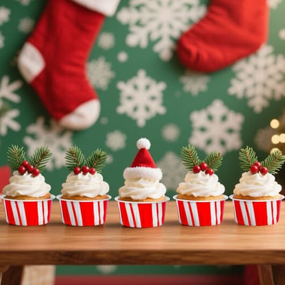 120Pcs Christmas Aluminum Foil Cupcake Liners with Lids - Red & White Holiday Party Bakeware