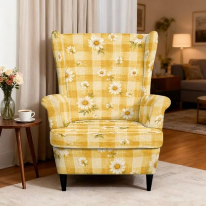 Yellow Gingham Daisy Print Stretch Wingback Chair Slipcover 2 Piece - Fits Chairs Up to 31.5"