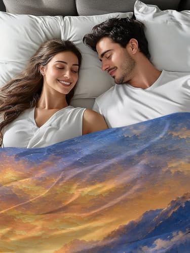 Blue King Size Flat Sheet - Microfiber Breathable Bedding with Mountain Landscape
