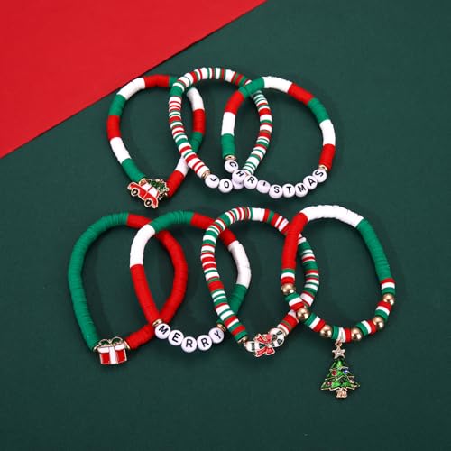 Christmas Bracelets Set - Beaded Candy Cane and Tree Jewelry Gifts