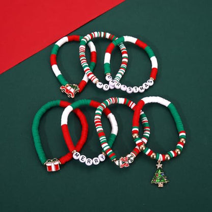 Christmas Bracelets Set - Beaded Candy Cane and Tree Jewelry Gifts