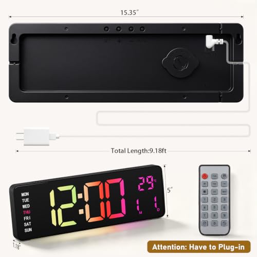 16-Inch Digital Wall Clock with RGB LED Display & Remote - Multicolor