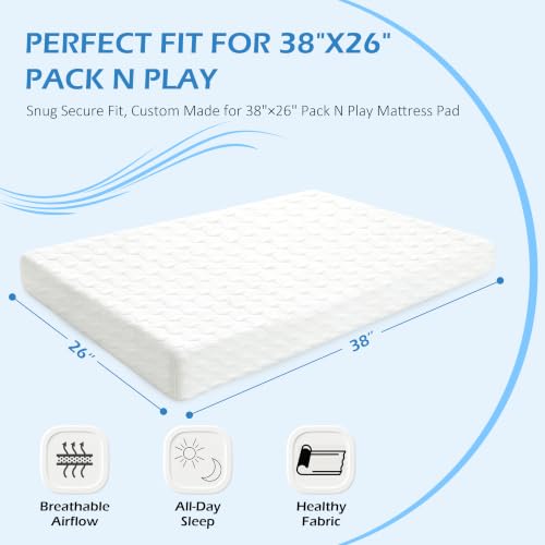 Memory Foam Pack and Play Mattress Pad 38x26 with Washable Cover for Toddler