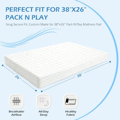 Memory Foam Pack and Play Mattress Pad 38x26 with Washable Cover for Toddler