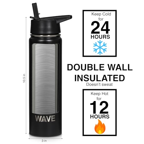 Leak Proof Water Bottle with Straw 22oz | Insulated Double Walled Stainless Steel Metal Thermos Bottles for Men, Women & Kids | Reusable Sports BPA Free Flask for Gym Sports | Wave Retail | Black