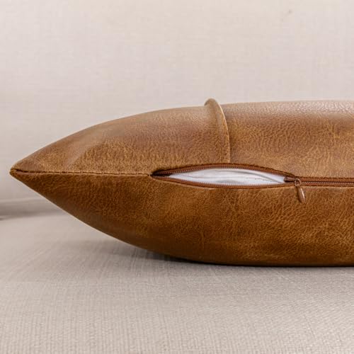 14x36 Faux Leather Lumbar Pillow Cover - Extra Long Body Cushion for Bed & Couch, Hand Stitched Tobacco Brown