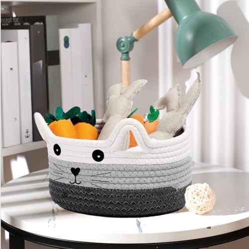 Zopeal Cat Basket Storage Woven Organizer with Ears Christmas Decorative Pet Toy Cute Cotton Rope Basket for Gift Cat Dog Toy Bin Nursery Room(8.3 x 4.7 Inch,White, Light Gray and Gray)