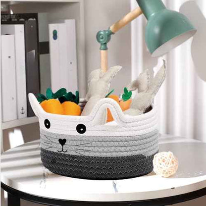 Zopeal Cat Basket Storage Woven Organizer with Ears Christmas Decorative Pet Toy Cute Cotton Rope Basket for Gift Cat Dog Toy Bin Nursery Room(8.3 x 4.7 Inch,White, Light Gray and Gray)