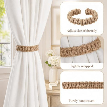 6 Pack Braided Curtain Tiebacks - Rustic Cotton Rope Holdbacks for Living Room Bedroom