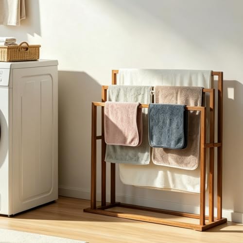Large Teak Standing Towel Rack - Freestanding Bathroom Drying Organizer