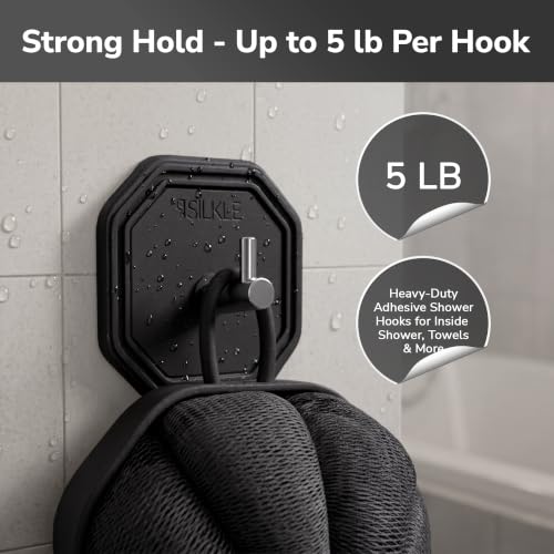 Black Silicone Shower Hooks 2-Pack - Waterproof Adhesive Towel Hooks for Bathroom