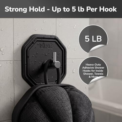 Black Silicone Shower Hooks 2-Pack - Waterproof Adhesive Towel Hooks for Bathroom