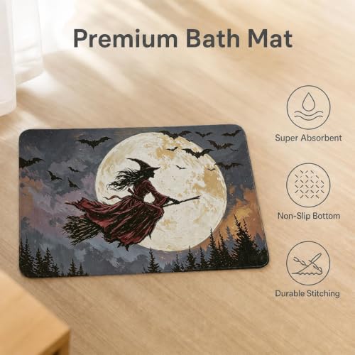 Purple Witch Bath Mat - Vintage Full Moon Bat Halloween Bathroom Rug