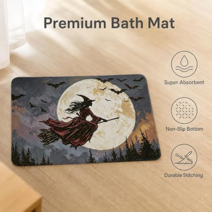 Purple Witch Bath Mat - Vintage Full Moon Bat Halloween Bathroom Rug